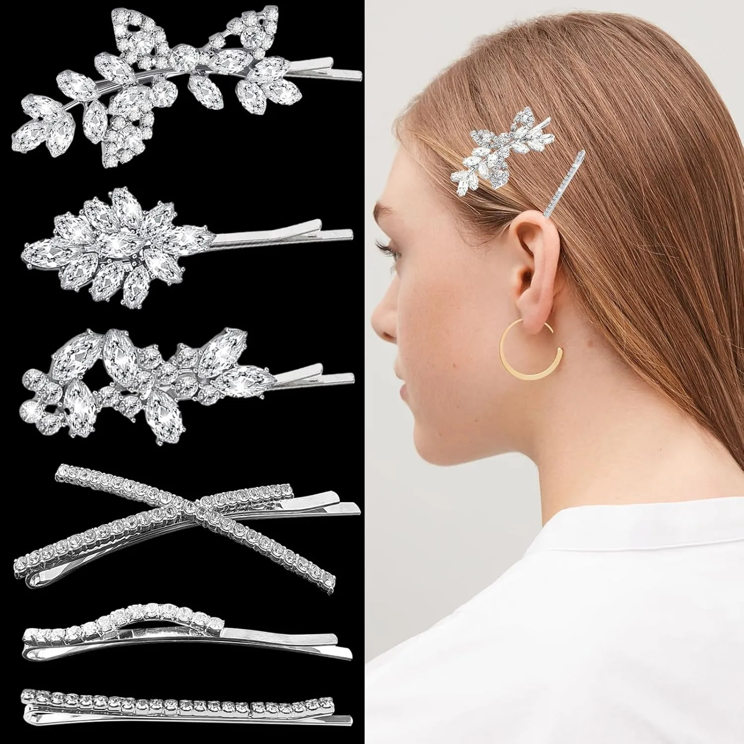6 Pieces Delicate Bridal Hair Clips, Rhinestone Leaf Wedding Hair Pins, Crystal Bobby Pins, Silver Elegant Hairpins Jewelry Accessories Barrette for Brides Bridesmaids Flower Girls