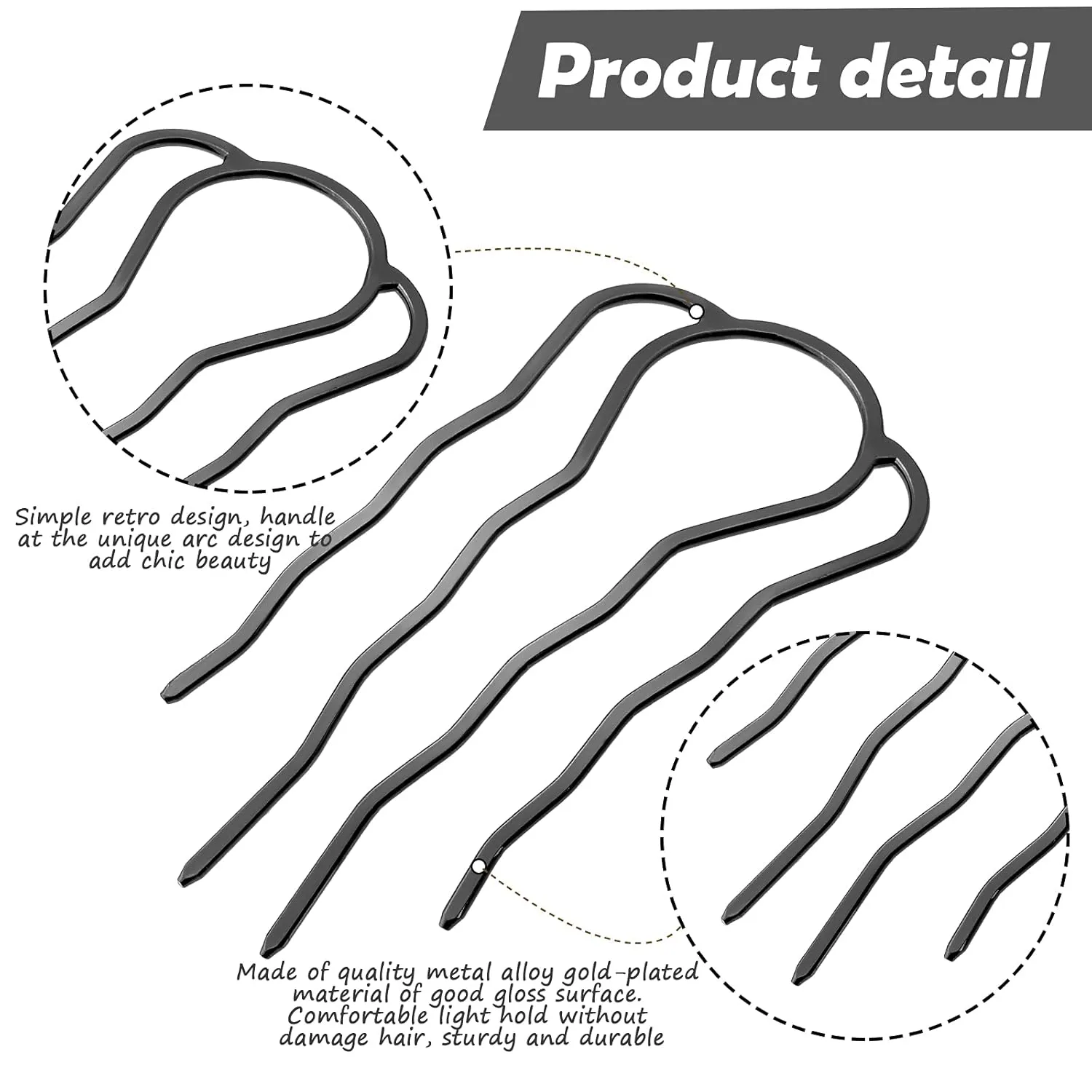 6 Pieces Hair Fork Clip Stick 87 mm Side Comb 4 Prong Updo Bun Hairpin Sticks Alloy Hair Clips Grips for Women Styling Tool Accessories(Black)