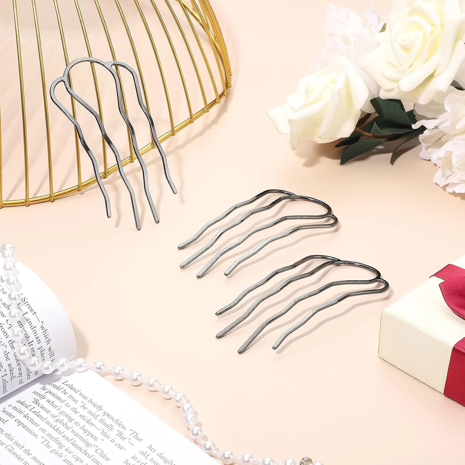 6 Pieces Hair Fork Clip Stick 87 mm Side Comb 4 Prong Updo Bun Hairpin Sticks Alloy Hair Clips Grips for Women Styling Tool Accessories(Black)