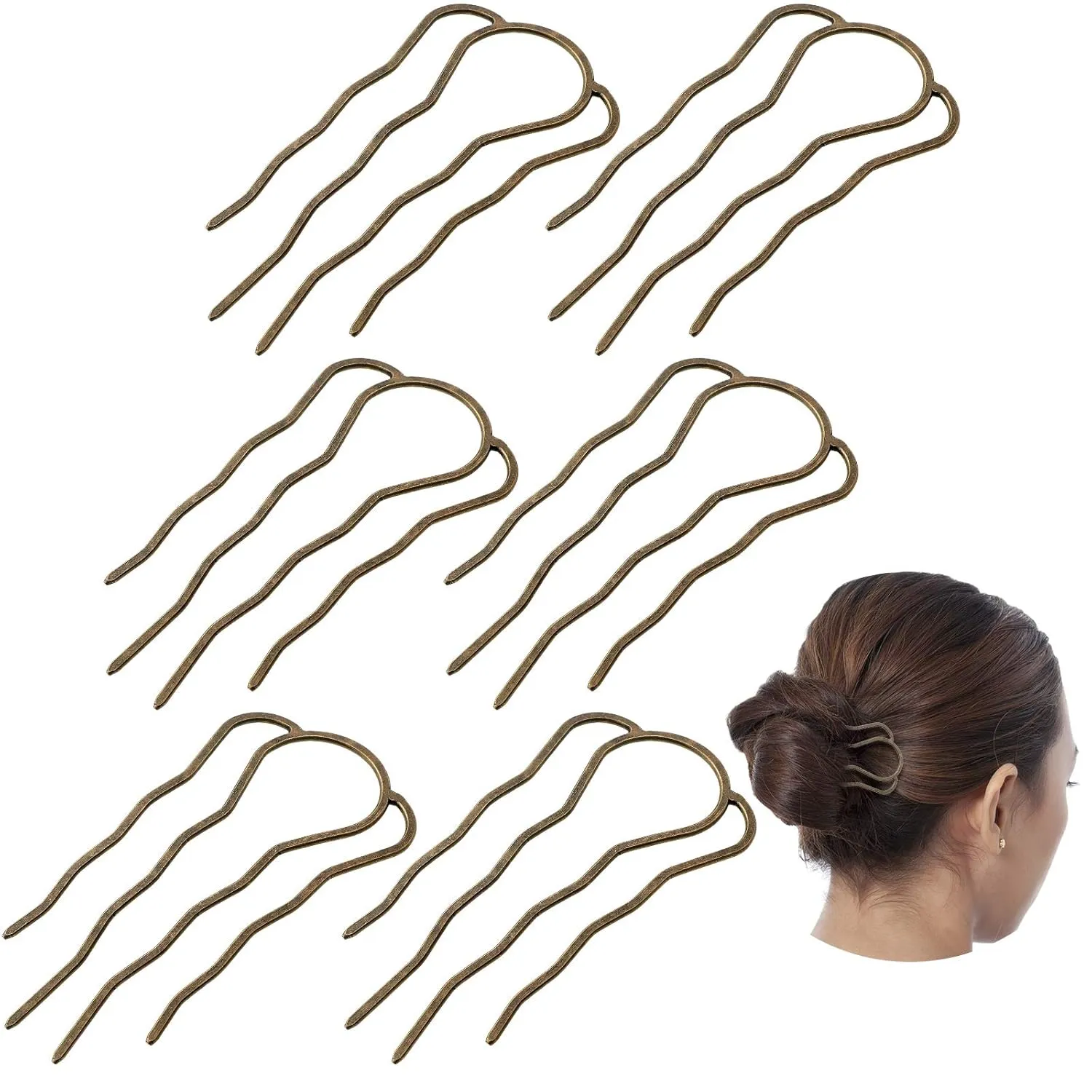 6 Pieces Hair Fork Clip Stick 87 mm Side Comb 4 Prong Updo Bun Hairpin Sticks Alloy Hair Clips Grips for Women Styling Tool Accessories(Bronze Color)