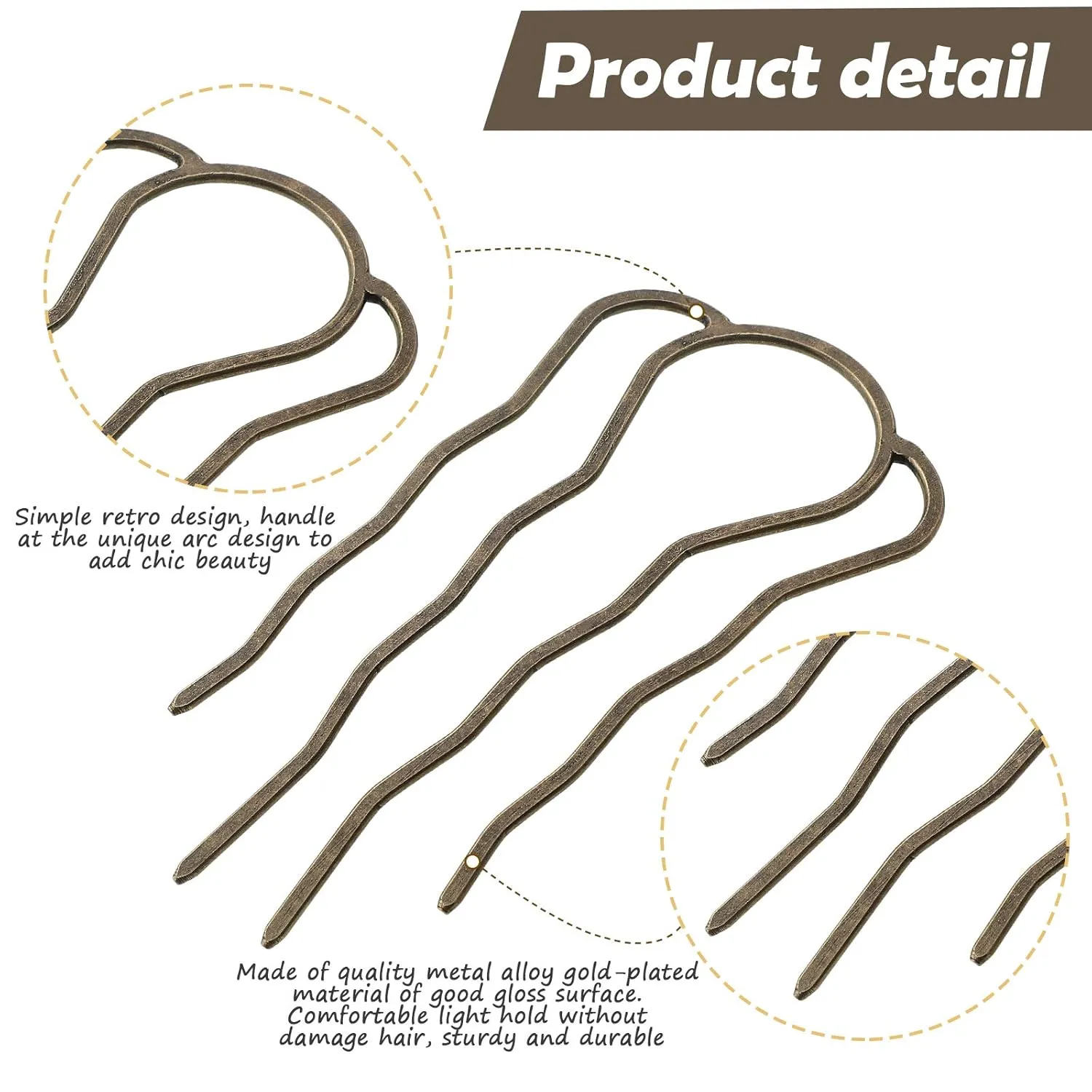 6 Pieces Hair Fork Clip Stick 87 mm Side Comb 4 Prong Updo Bun Hairpin Sticks Alloy Hair Clips Grips for Women Styling Tool Accessories(Bronze Color)