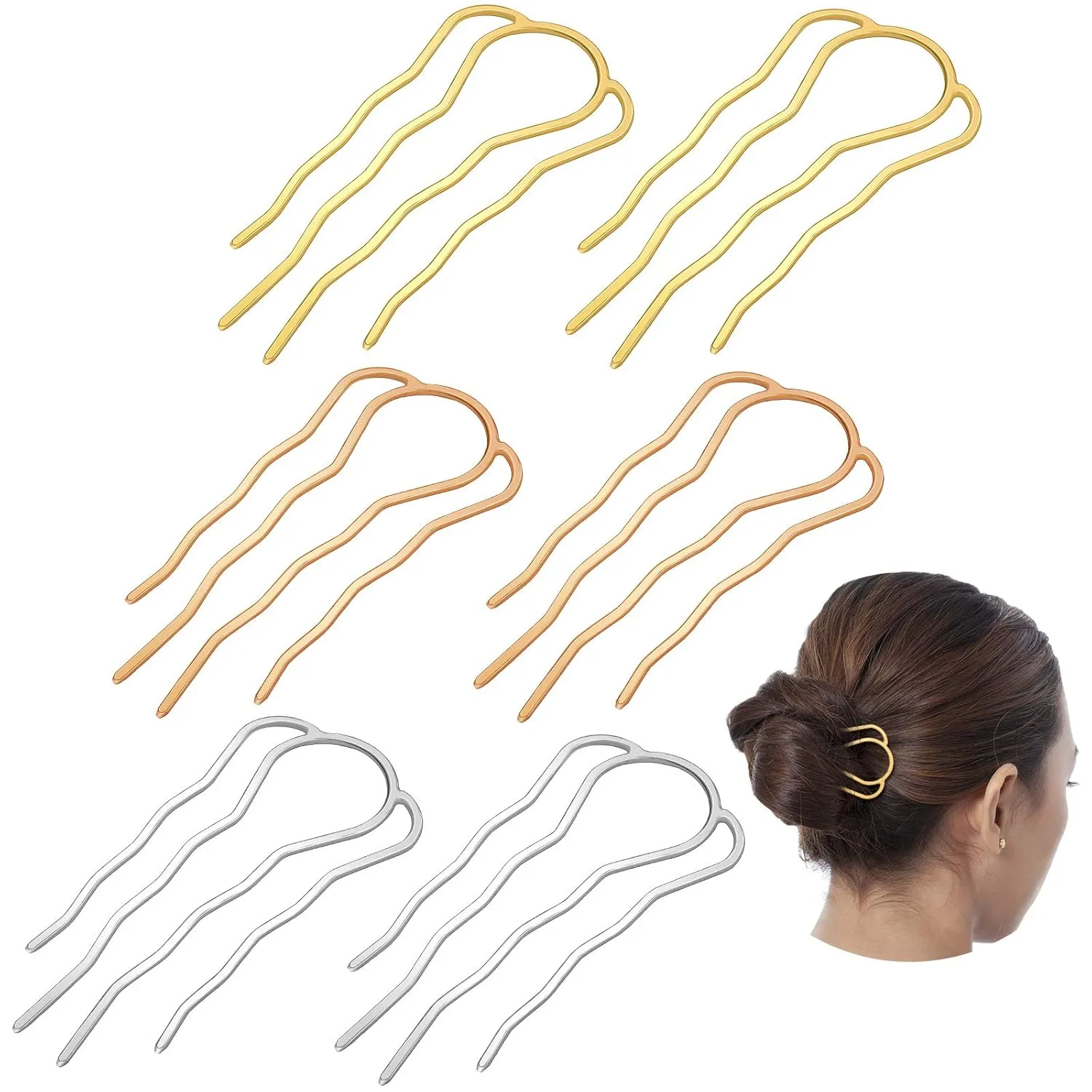 6 Pieces Hair Fork Clip Stick 87 mm Side Comb 4 Prong Updo Bun Hairpin Sticks Alloy Hair Clips Grips for Women Styling Tool Accessories(Gold, Silver and Rose Gold)