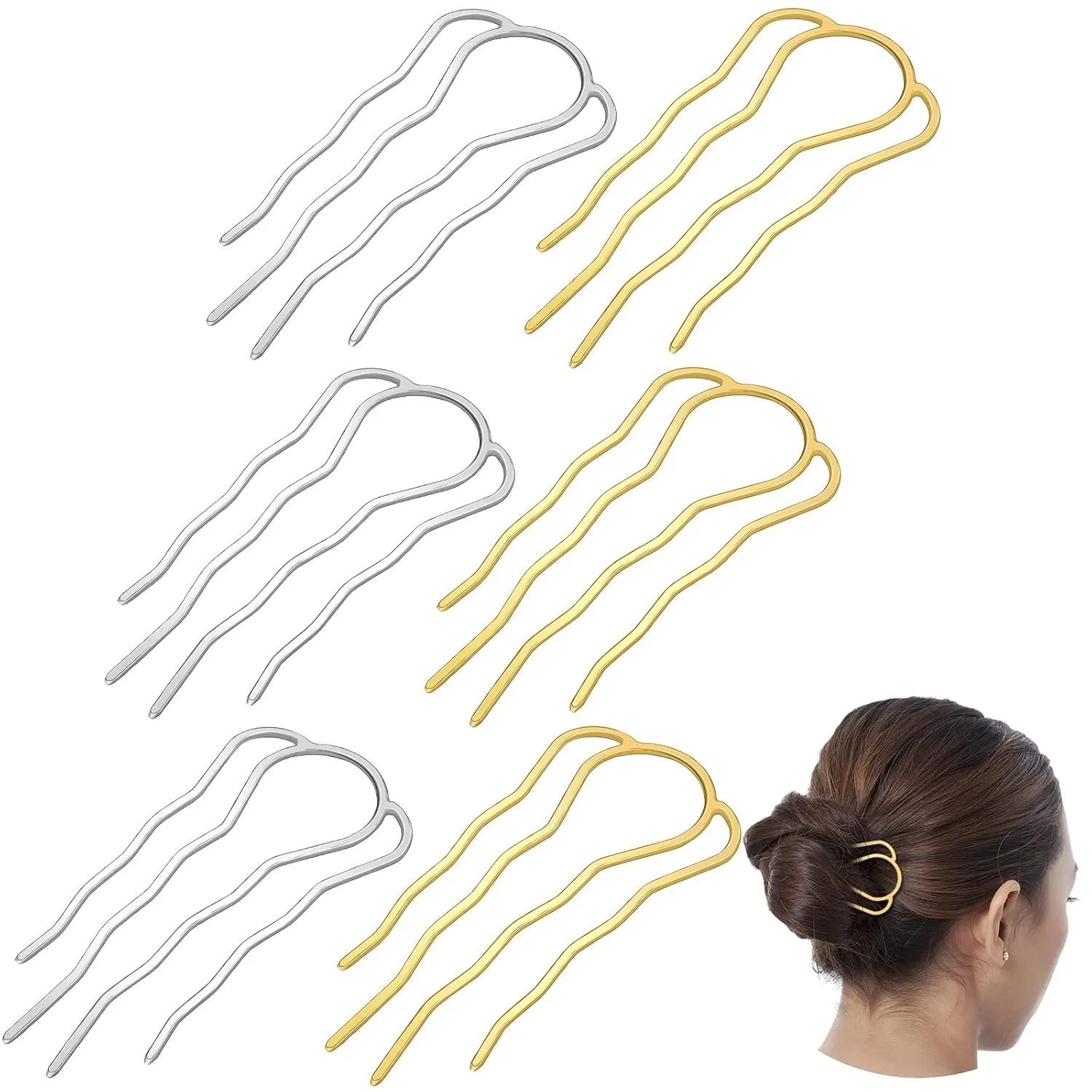 6 Pieces Hair Fork Clip Stick 87 mm Side Comb 4 Prong Updo Bun Hairpin Sticks Alloy Hair Clips Grips for Women Styling Tool Accessories(Gold, Silver)