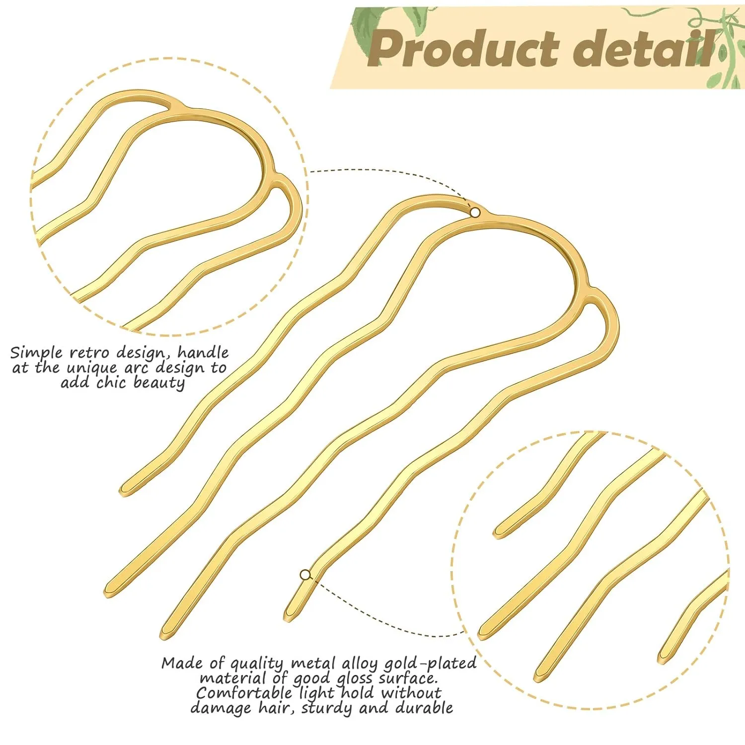 6 Pieces Hair Fork Clip Stick 87 mm Side Comb 4 Prong Updo Bun Hairpin Sticks Alloy Hair Clips Grips for Women Styling Tool Accessories(Gold, Silver)