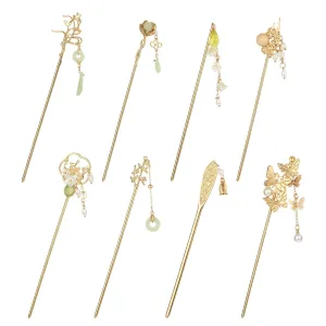 8 Pcs Vintage Pearl Metal Hair Sticks Decorative Vintage Retro Pearl Gold Metal Hair Sticks Pins with Pendants Decorative Chinese Hair Pins Hair Chopsticks for Women Chinese Hair Stick