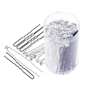 80 Pack White Rhinestone Hair Pins and U Shape Hairpins, findTop Wedding Hair Clips Professional Hairdressing Grip with Storage Bottle (40 Crystal Pins & 40 U Shape Pins)
