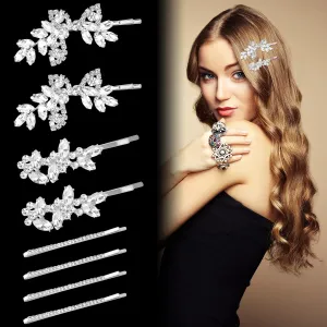 8Pcs Rhinestone Bridal Hair Clip Leaf Wedding Hairpin, Sliver Bride Crystal Hair Clips, Elegant Crystal Bobby Sparkly Pins, Rhinestone Flower Barrette Hair Accessories for Women Girls, Women's Day