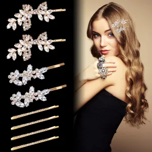 8Pcs Rhinestone Bridal Hair Clip Leaf Wedding Hairpins, Rose Gold Bride Crystal Hair Clips, Elegant Crystal Bobby Sparkly Pins, Rhinestone Flower Barrette Hair Accessories for Women Girls, Women's Day