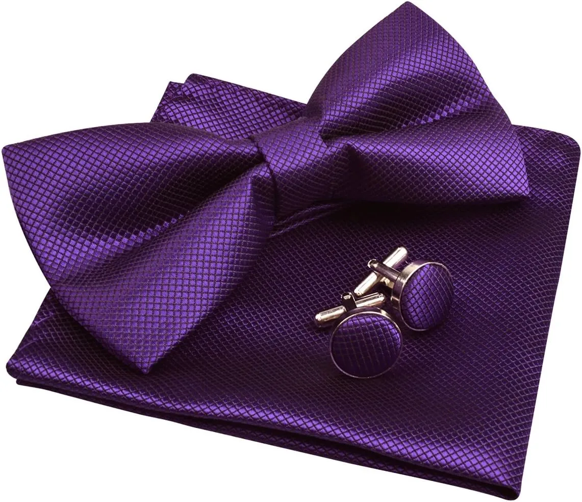 Alizeal Mens Solid Color Mini Squares Formal Banded Pre-tied Bow Ties, Pocket Square, Cufflinks Set Wedding Party Business