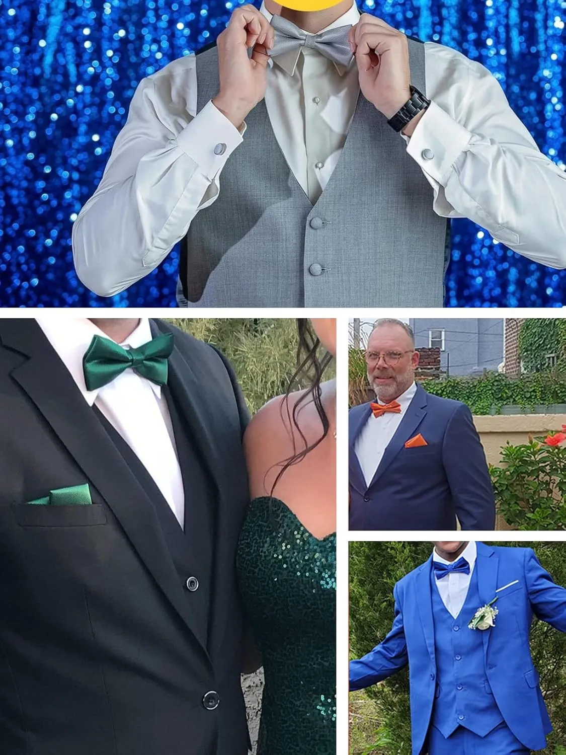 Alizeal Mens Solid Color Mini Squares Formal Banded Pre-tied Bow Ties, Pocket Square, Cufflinks Set Wedding Party Business