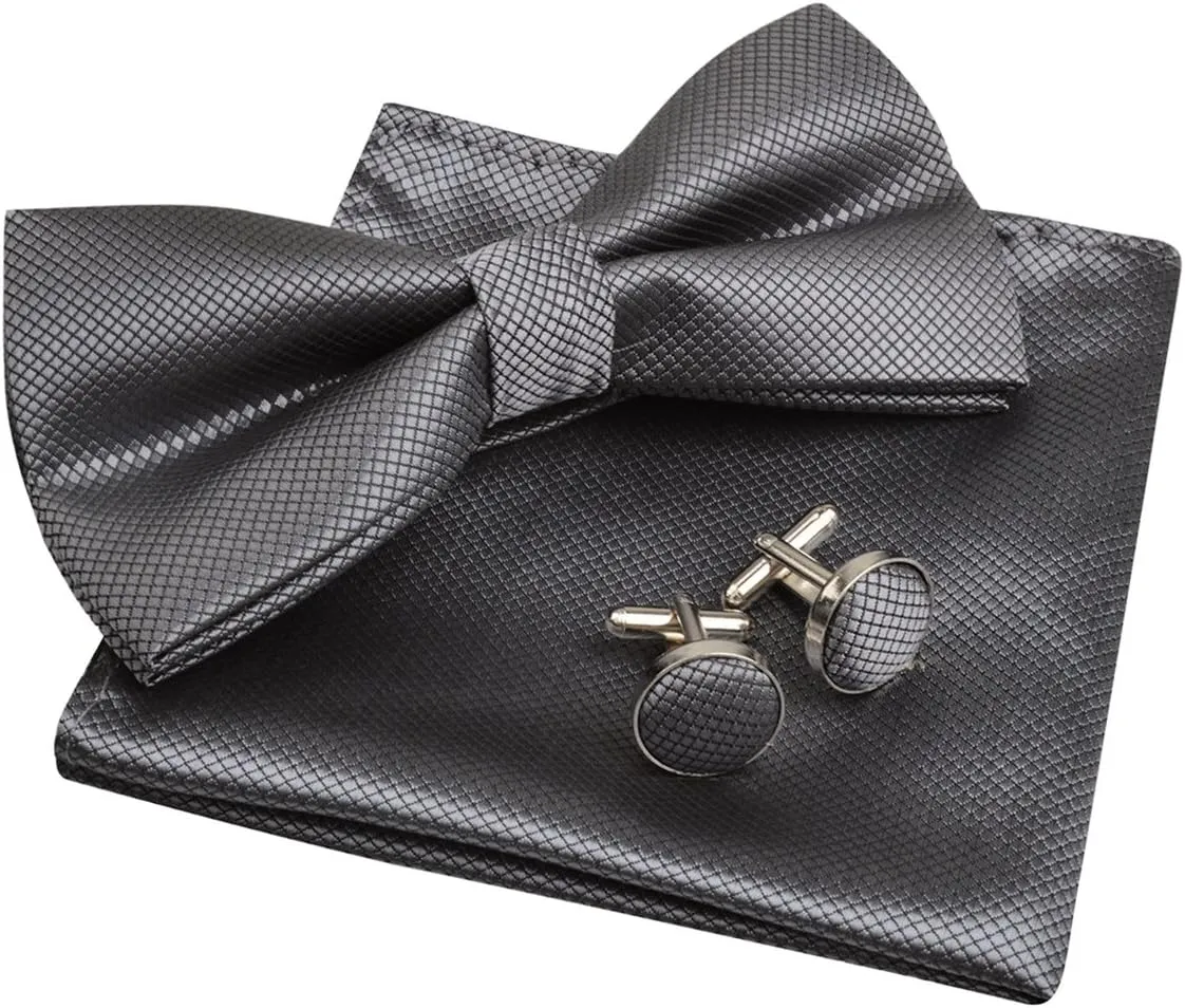 Alizeal Mens Solid Color Mini Squares Formal Banded Pre-tied Bow Ties, Pocket Square, Cufflinks Set Wedding Party Business