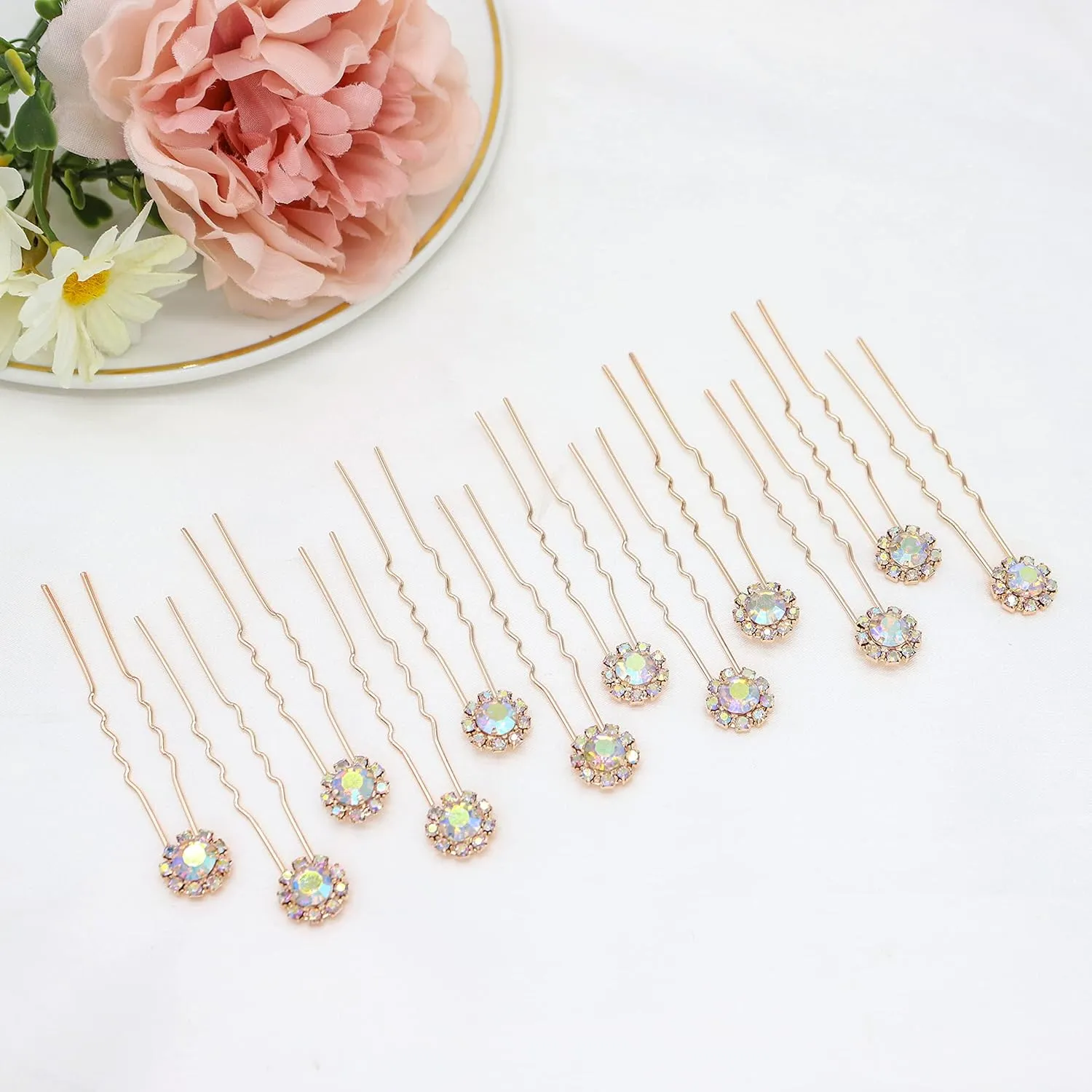 Ammei Crystal Bridal Hair Pins Clips Wedding Hair Accessories Hair Set Jewelry With Rhinestone For Brides and Bridesmaids Set Of 12 (AB Rose Gold)