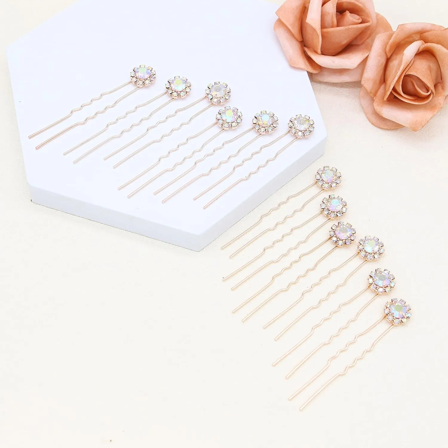 Ammei Crystal Bridal Hair Pins Clips Wedding Hair Accessories Hair Set Jewelry With Rhinestone For Brides and Bridesmaids Set Of 12 (AB Rose Gold)