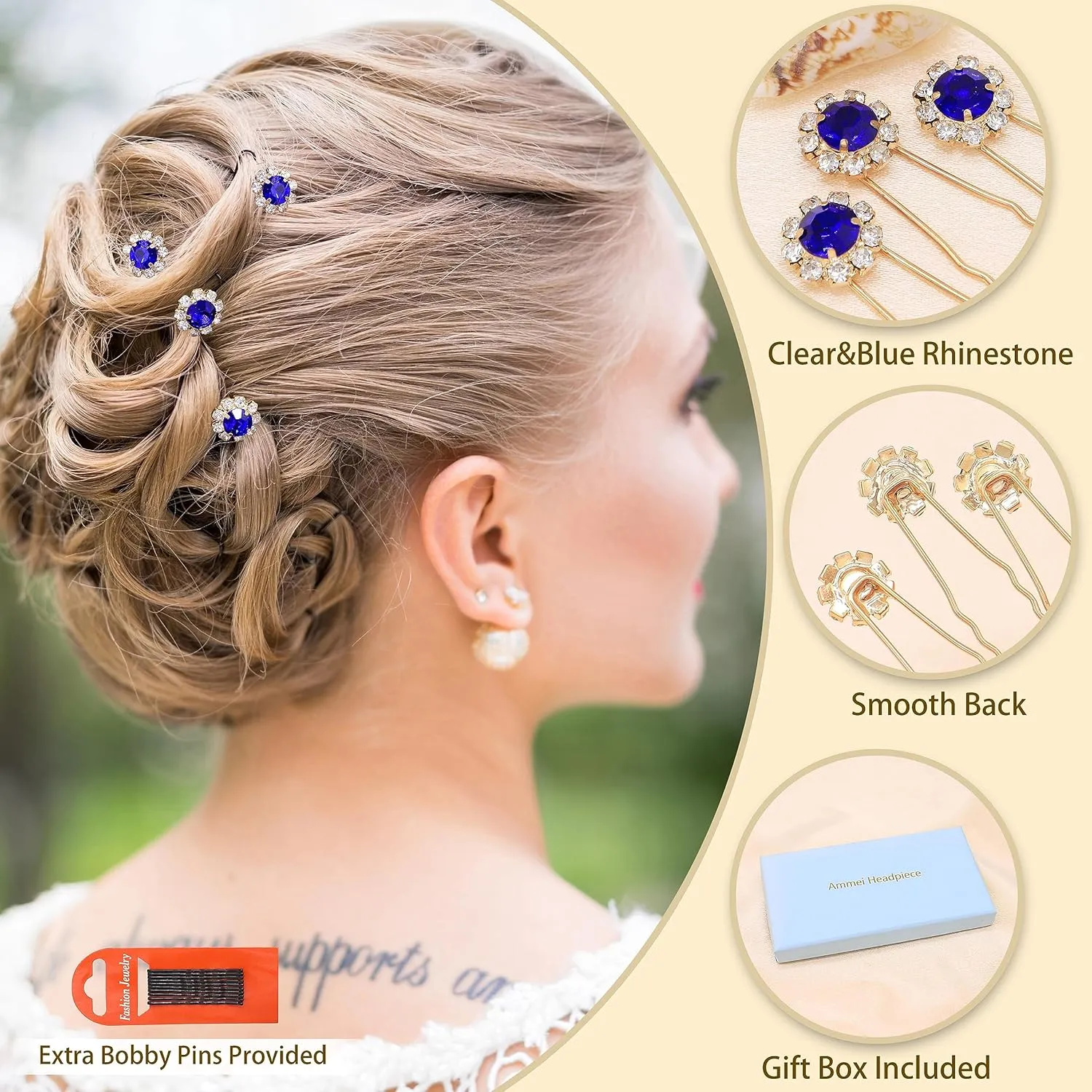 Ammei Crystal Bridal Hair Pins Clips Wedding Hair Accessories Hair Set Jewelry With Rhinestone For Brides and Bridesmaids Set Of 12 (Gold Plated-Blue)