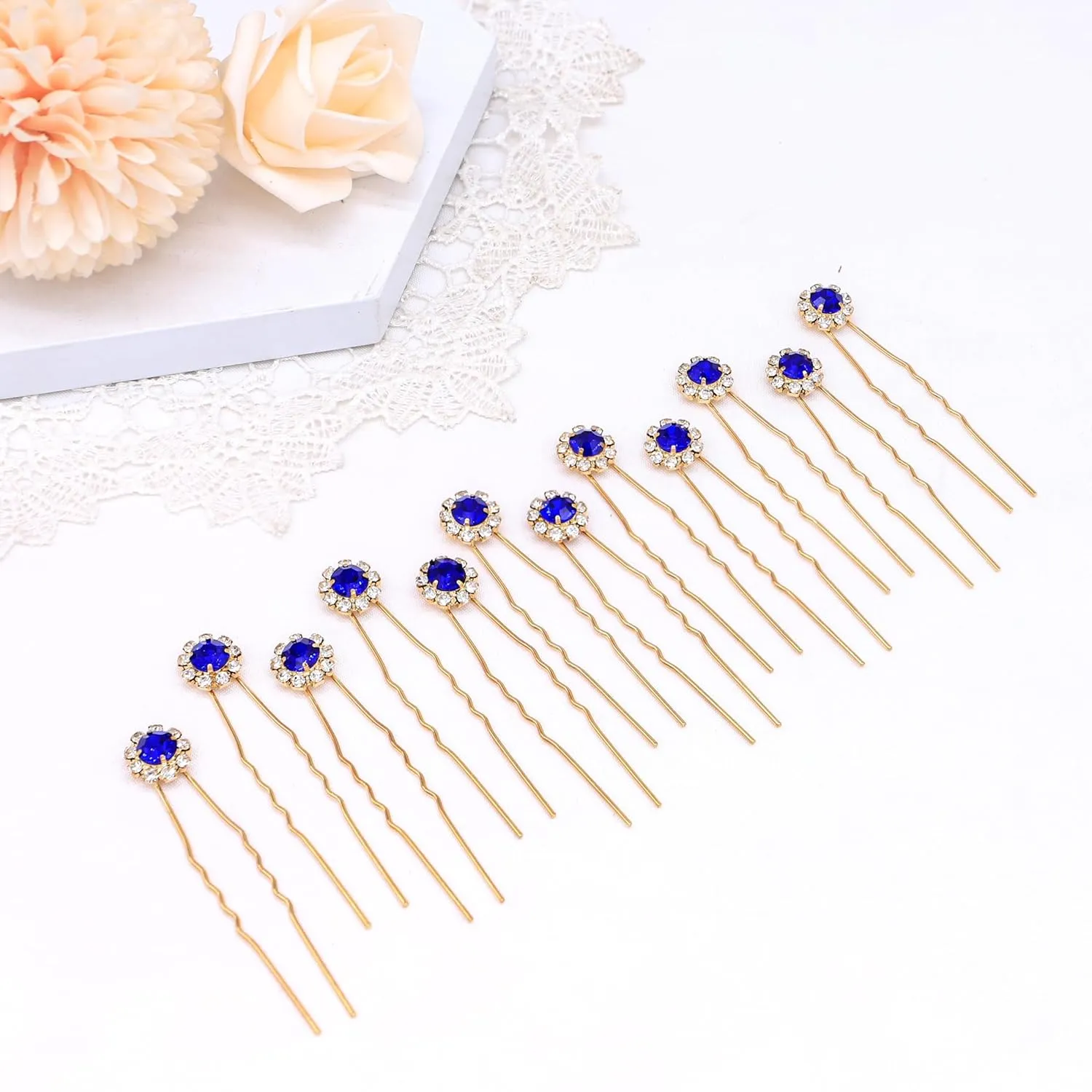 Ammei Crystal Bridal Hair Pins Clips Wedding Hair Accessories Hair Set Jewelry With Rhinestone For Brides and Bridesmaids Set Of 12 (Gold Plated-Blue)