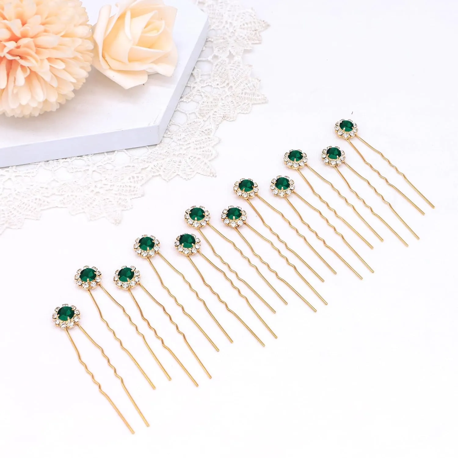 Ammei Crystal Bridal Hair Pins Clips Wedding Hair Accessories Hair Set Jewelry With Rhinestone For Brides and Bridesmaids Set Of 12 (Gold Plated Green)