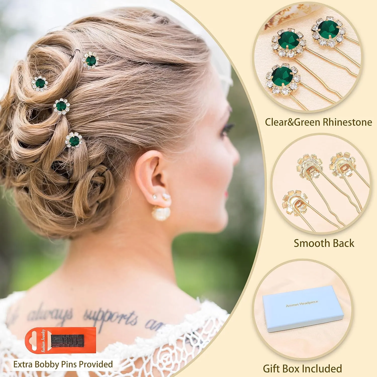 Ammei Crystal Bridal Hair Pins Clips Wedding Hair Accessories Hair Set Jewelry With Rhinestone For Brides and Bridesmaids Set Of 12 (Gold Plated Green)