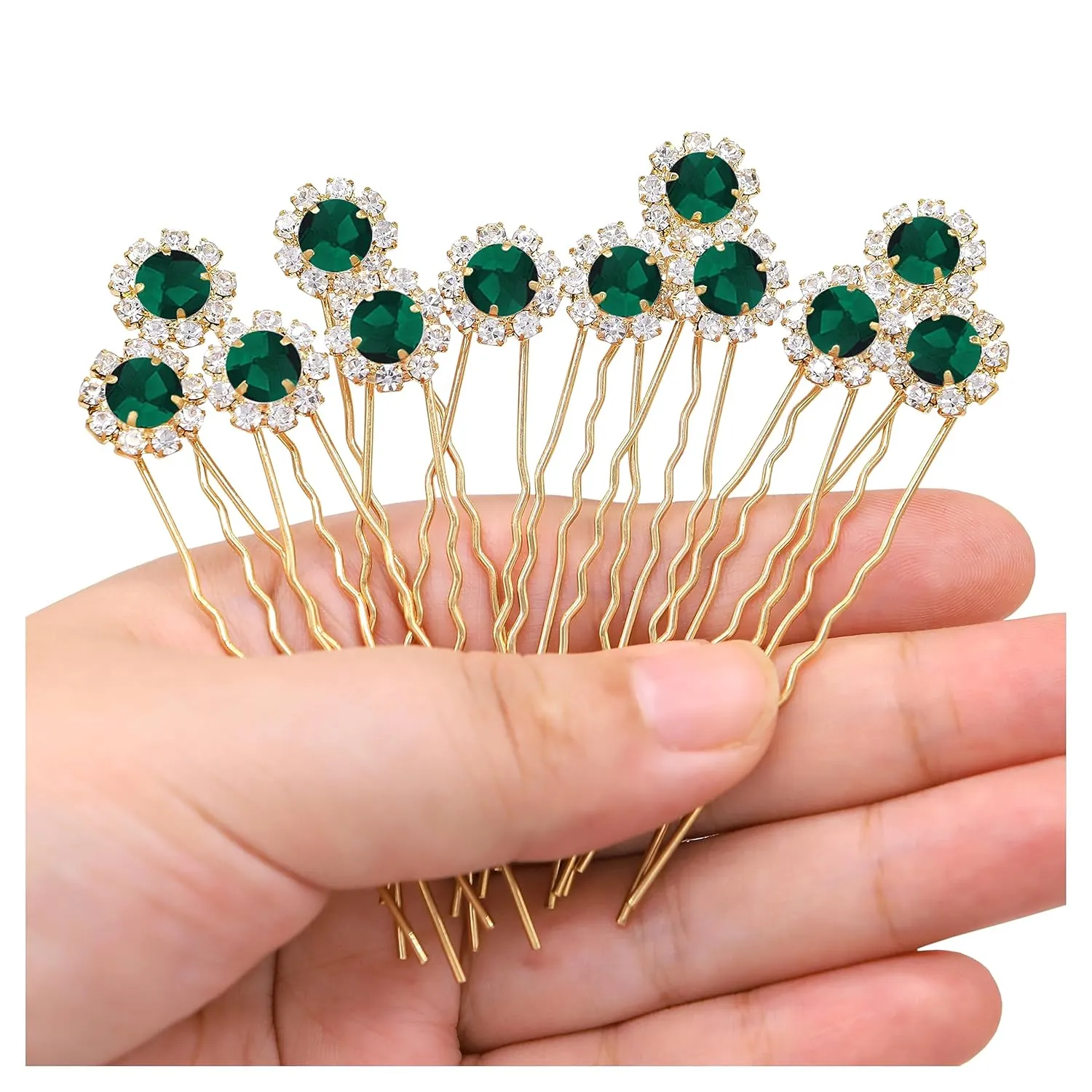 Ammei Crystal Bridal Hair Pins Clips Wedding Hair Accessories Hair Set Jewelry With Rhinestone For Brides and Bridesmaids Set Of 12 (Gold Plated Green)