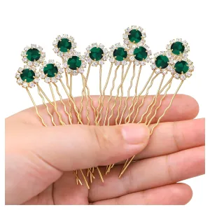 Ammei Crystal Bridal Hair Pins Clips Wedding Hair Accessories Hair Set Jewelry With Rhinestone For Brides and Bridesmaids Set Of 12 (Gold Plated Green)
