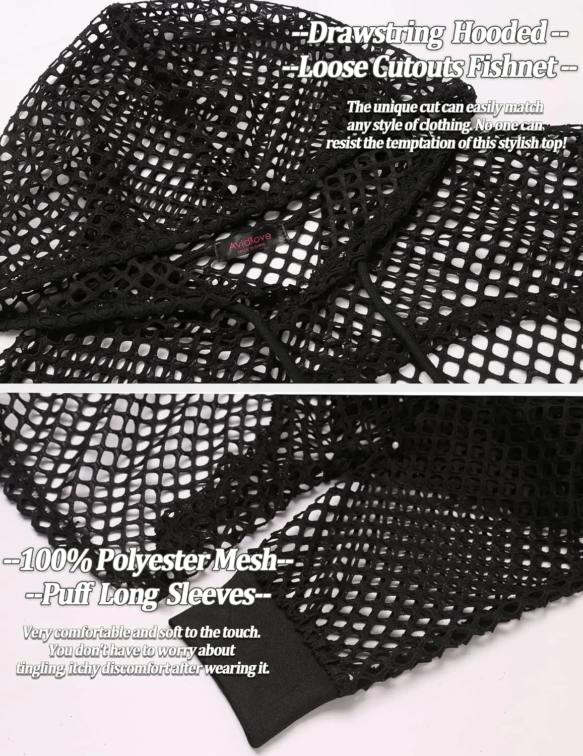Avidlove Mesh Crop Top Hoodie Rave Tops For Women Long Sleeve Fishnet Shirt for Festival Club Party