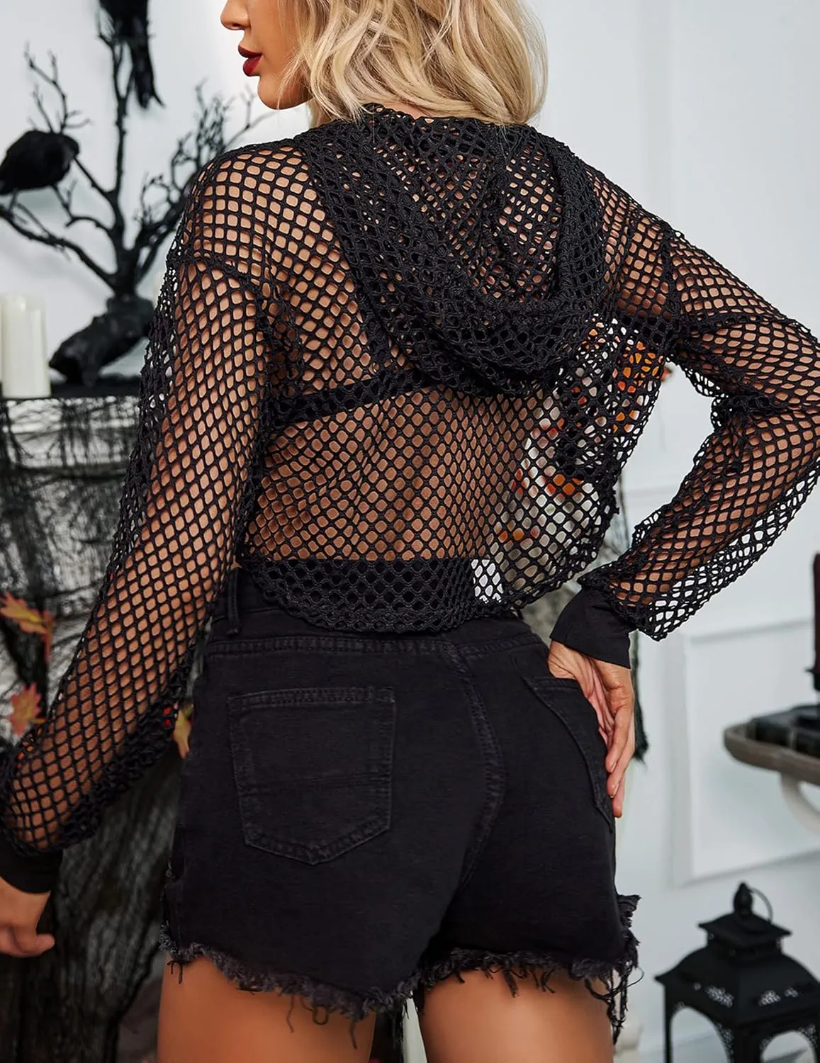 Avidlove Mesh Crop Top Hoodie Rave Tops For Women Long Sleeve Fishnet Shirt for Festival Club Party