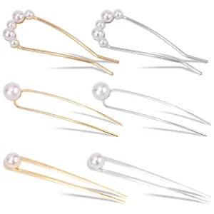 Chanaco French Hair Pins 6Pcs Hair Accessories for Women French Pearl Gold Silver Twist Hairpin Hair Sticks for Buns U Shaped Decorative Hair Fork for Styling Hairstyles for Thick Long Hair