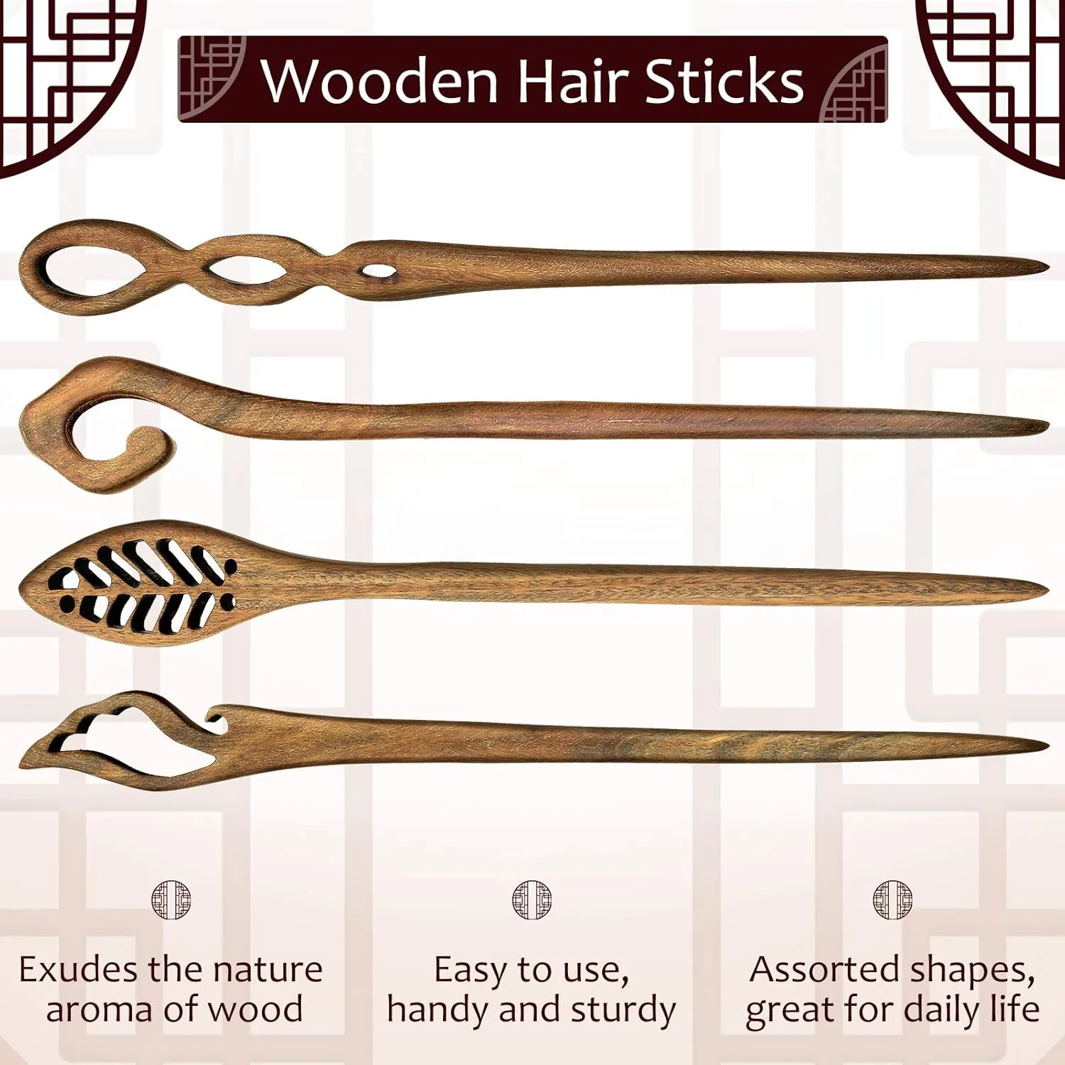 Chuangdi 8 Pieces Wooden Hair Sticks Japanese Hair Chopstick for Women Bun Maker, Chinese Chopstick Hairpin for Women Handmade Chignon Maker Accessories(Classic Pattern)