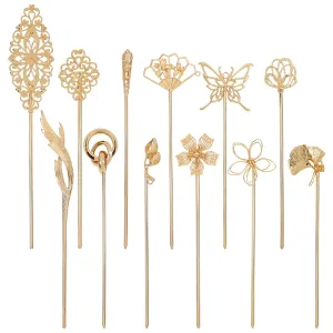 Cinaci 12 Pack Gold Decorative Chinese Vintage Butterlfy Flower Metal Hair Sticks Chopsticks Retro Hair Pins Forks Hairpins Hair Bun Updo Holders Long Thick Hair Accessories for Women Girls