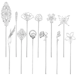 Cinaci 12 Pack Silver KC Gold Metal Decorative Chinese Vingtage Butterlfy Flower Hair Sticks Chopsticks Retro Hair Pins Forks Hairpin Hair Bun Updo Holders Accessories for Women Girls (12 Pack Silver)