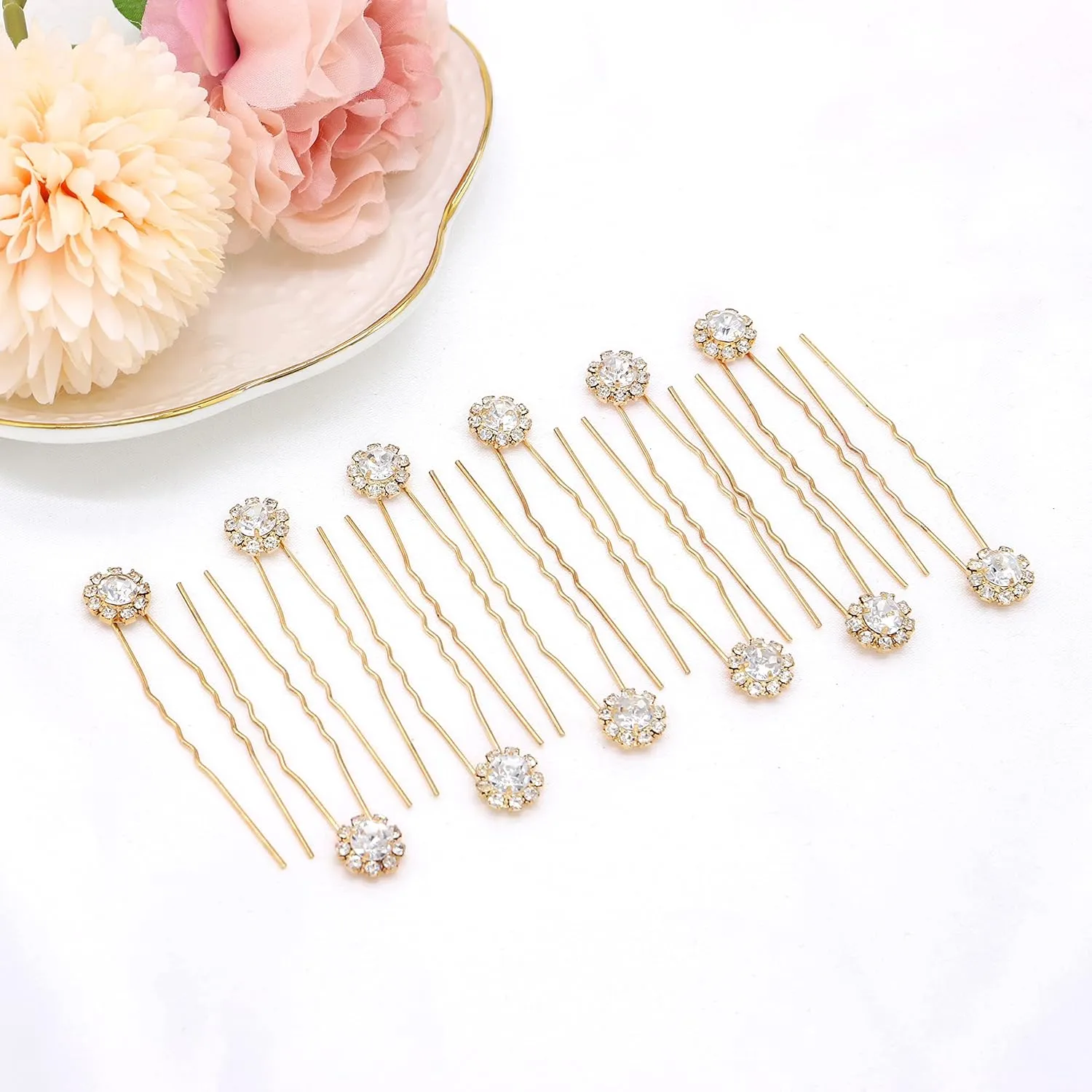 Crystal Bridal Hair Pins Clips Wedding Hair Accessories Hair Set Jewelry With Rhinestone For Brides and Bridesmaids Set Of 12 (Gold)