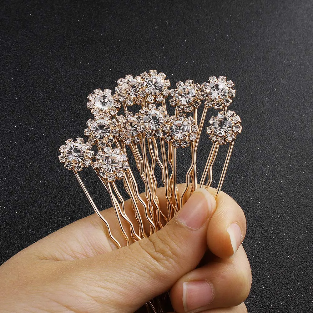 Crystal Bridal Hair Pins Clips Wedding Hair Accessories Hair Set Jewelry With Rhinestone For Brides and Bridesmaids Set Of 12 (Gold)