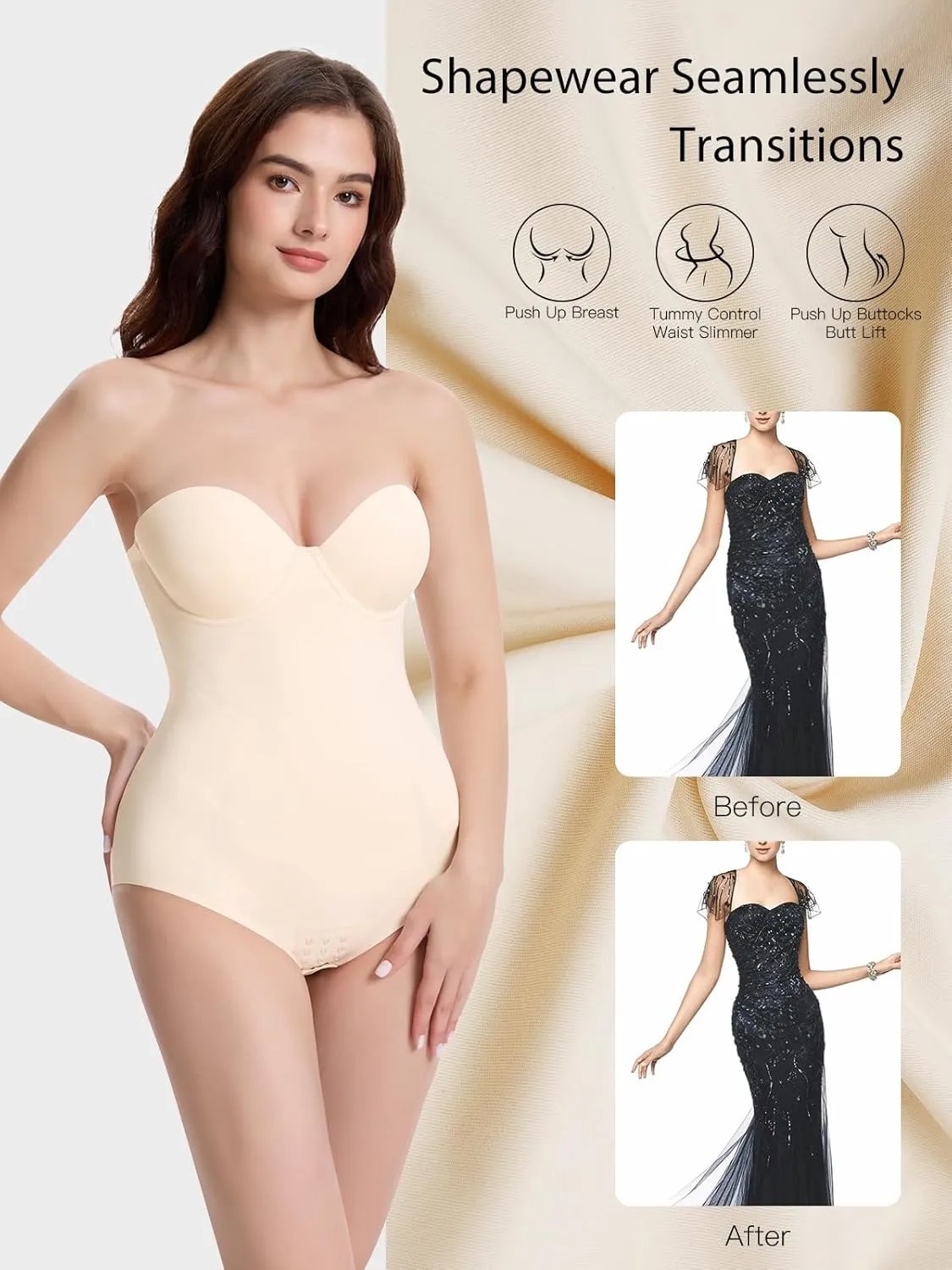 Decorus Seamless Strapless Shapewear Bodysuit - Tummy Control Sculpt Body Shaper : Cupped with Removable Straps