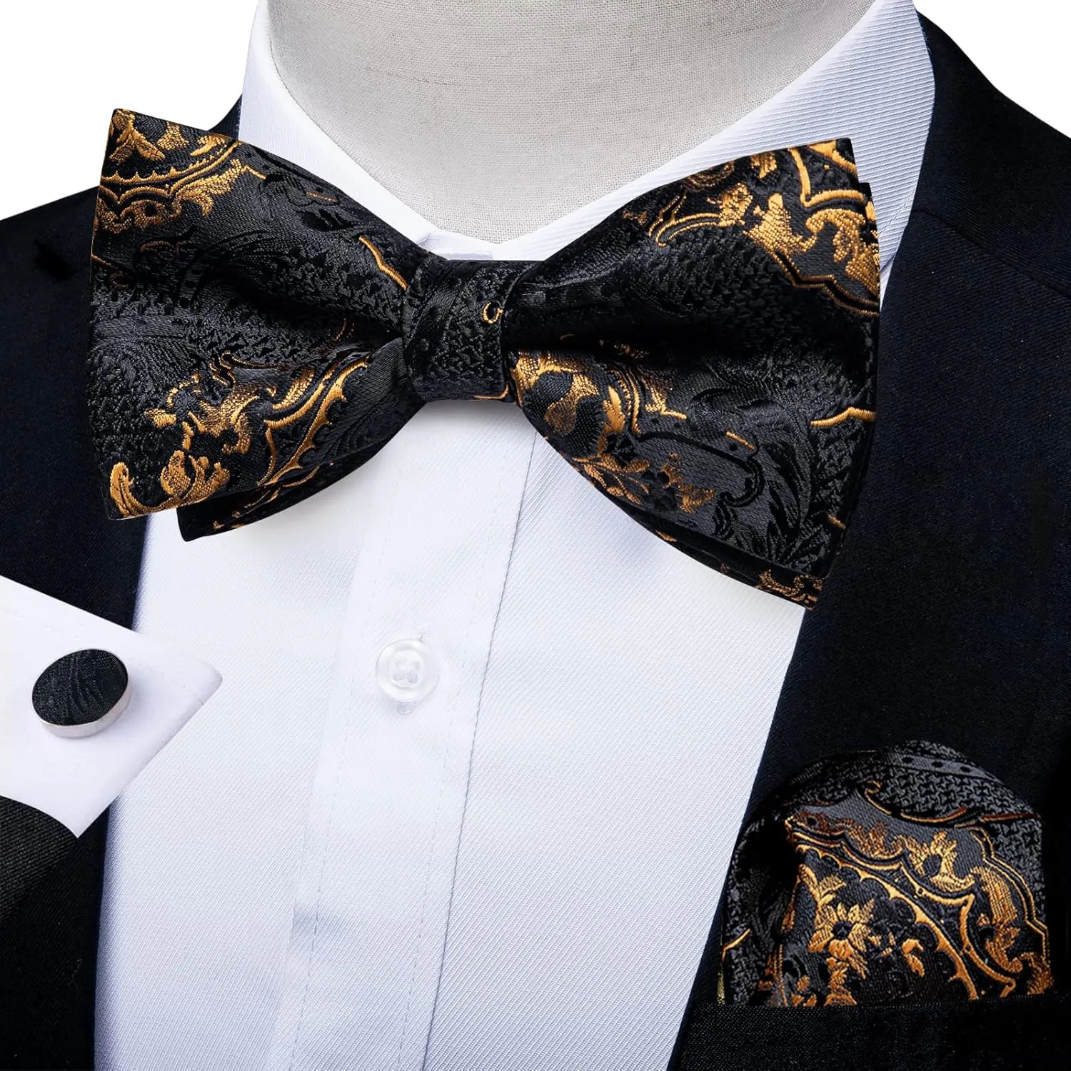 DiBanGu Paisley Pre-Tied Bow Ties for Men Silk Adjustable Bowtie and Pocket Square Cufflinks for Wedding Party