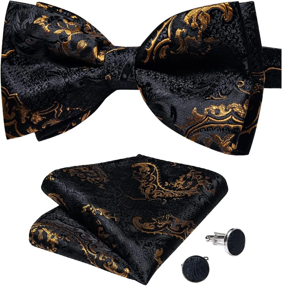 DiBanGu Paisley Pre-Tied Bow Ties for Men Silk Adjustable Bowtie and Pocket Square Cufflinks for Wedding Party