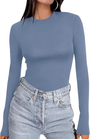 Ekouaer Women's Long Sleeve Shirts Tight Fitted Tops Crewneck Underscrubs Tee Lightweight Basic Thermal Undershirts