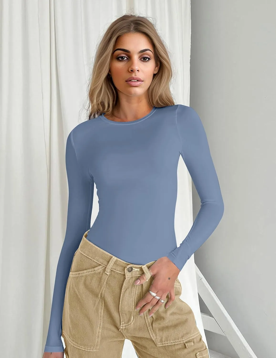 Ekouaer Women's Long Sleeve Shirts Tight Fitted Tops Crewneck Underscrubs Tee Lightweight Basic Thermal Undershirts