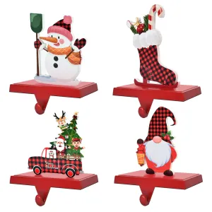 essential Guardwee Heavy Duty Christmas Stocking Holder Set of 4 Free Standing for Mantle, Xmas Metal Hooks Christmas Decor with Black and Red Buffalo Plaid and Snowmen, Trees, Trucks, Stockings Elements - Red