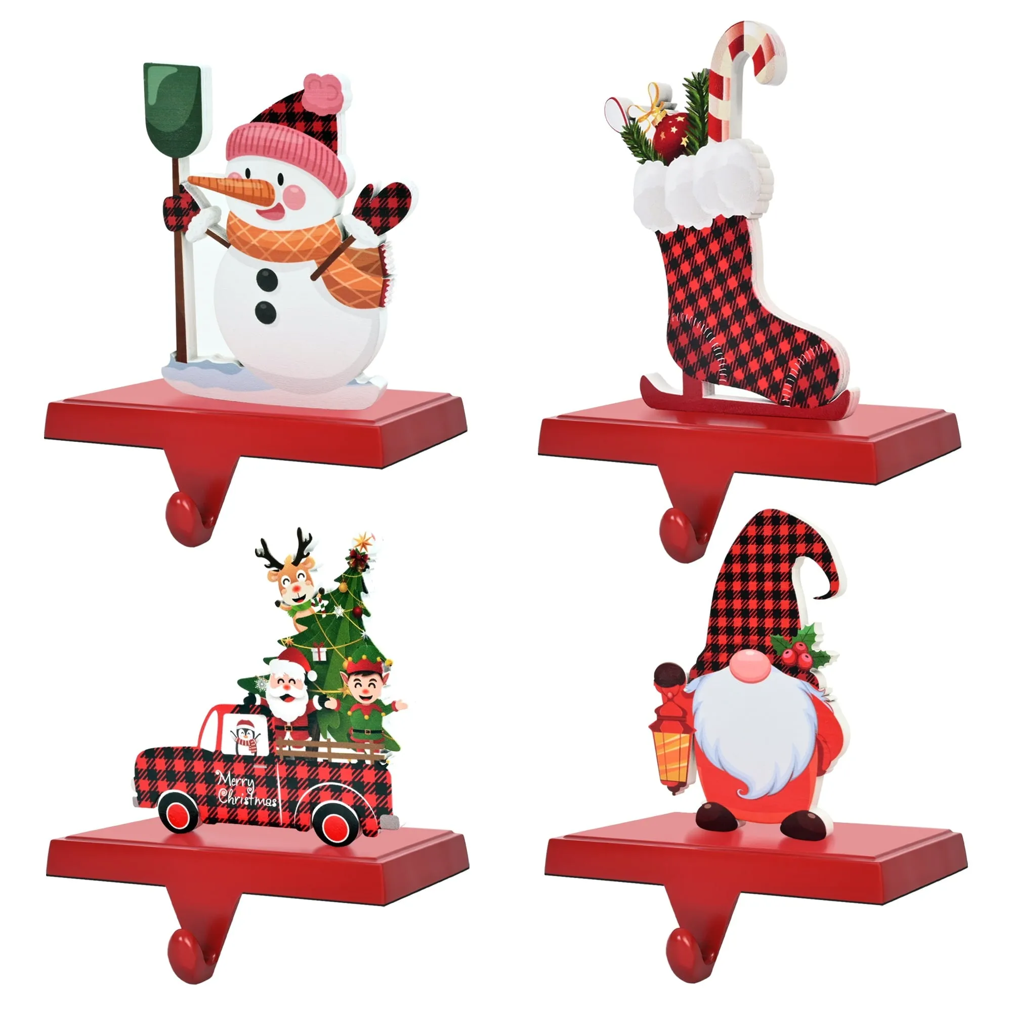 everyday Guardwee 4 Pack Heavy Duty Christmas Stocking Holder Free Standing for Mantle, Xmas Metal Hooks Christmas Decor with Black and Red Buffalo Plaid and Snowmen, Trees, Trucks, Stockings Elements - Red