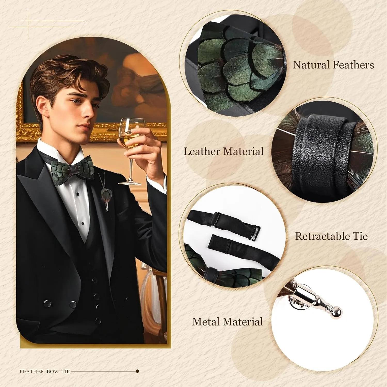 Feathers Bow Tie Peacock Pre-tied Bow tie Brooch Sets for Men Adjustable Length Tuxedo Banquet Necktie
