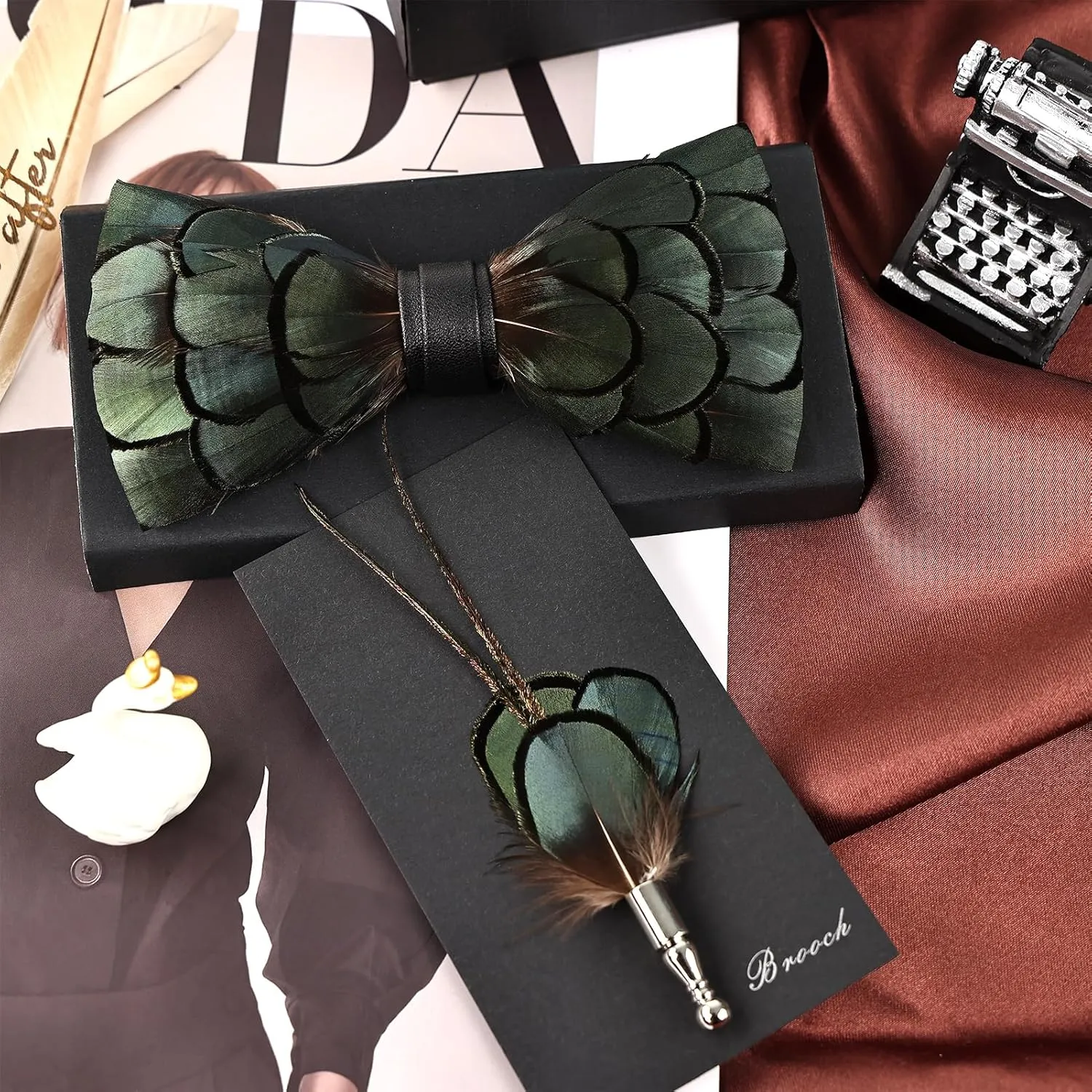 Feathers Bow Tie Peacock Pre-tied Bow tie Brooch Sets for Men Adjustable Length Tuxedo Banquet Necktie