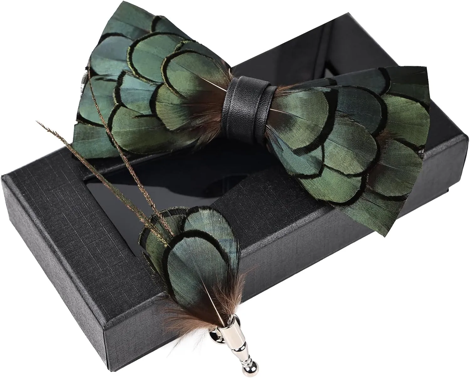 Feathers Bow Tie Peacock Pre-tied Bow tie Brooch Sets for Men Adjustable Length Tuxedo Banquet Necktie