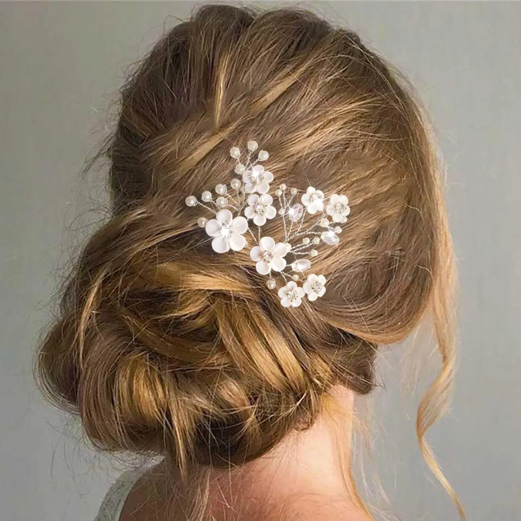 Fstrend Bridal Wedding Hair Pins White Flower Clip Silver Bride Hair Accessory for Women and Girls