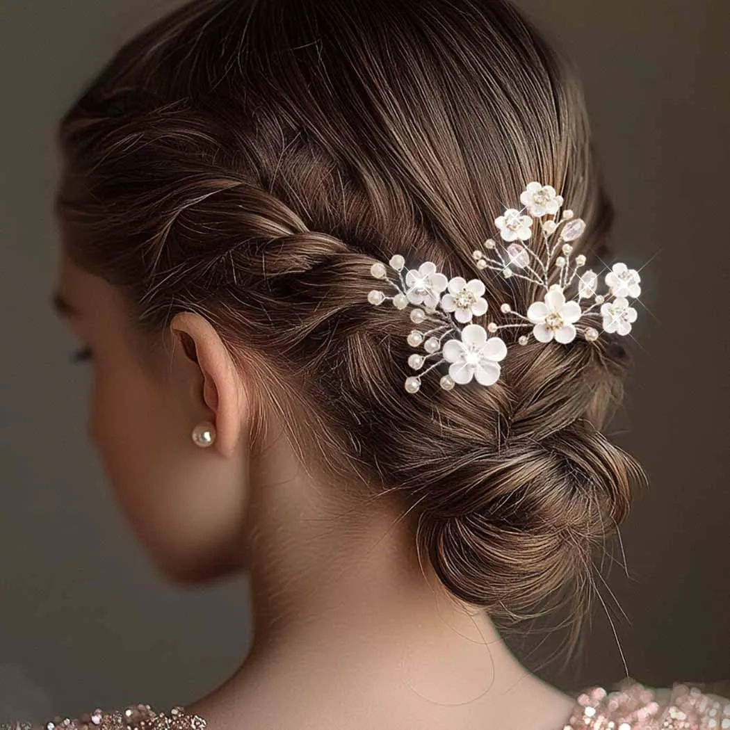 Fstrend Bridal Wedding Hair Pins White Flower Clip Silver Bride Hair Accessory for Women and Girls