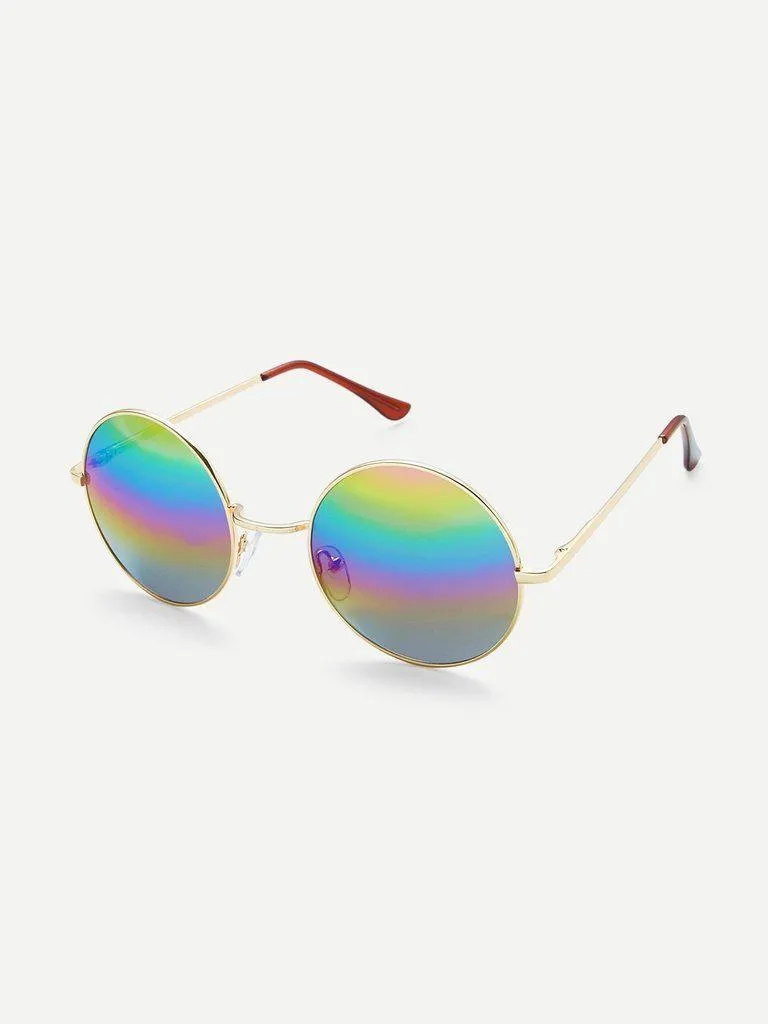 Gold Frame Colorful Lens Round Sunglass