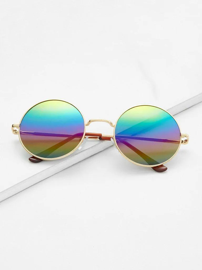 Gold Frame Colorful Lens Round Sunglass