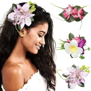 HAIMEIKANG Hawaiian Flower Hair Accessories - 3 Pieces Artificial Tropical Flower Hair Pins, Large Hair Pieces for Women (White, Pink, Purple)