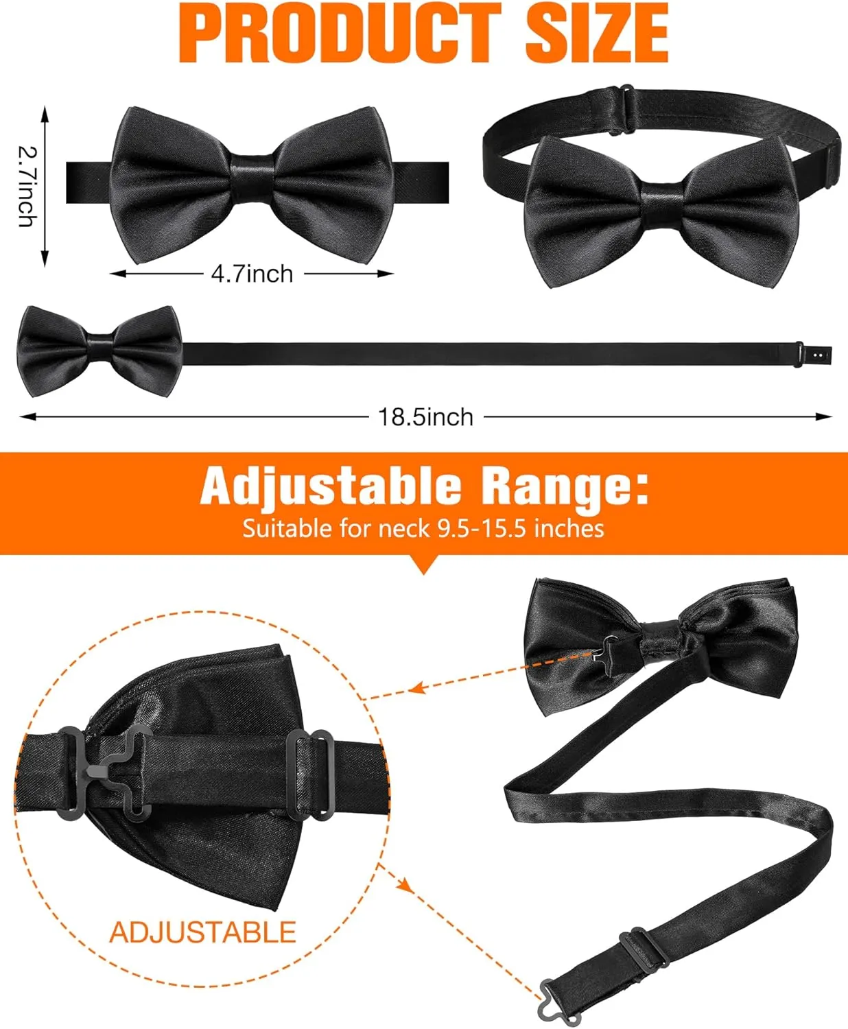 Hercicy 20 Pieces Bow Ties for Men, Formal Satin Solid Tuxedo Adjustable Length Pre Tied Bow Ties for Wedding Celebration