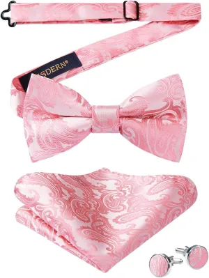 HISDERN Bow Ties for Men Pre-Tied Bow Tie Floral Paisley Handkerchief Classic Formal Bowtie and Pocket Square Cufflinks Set