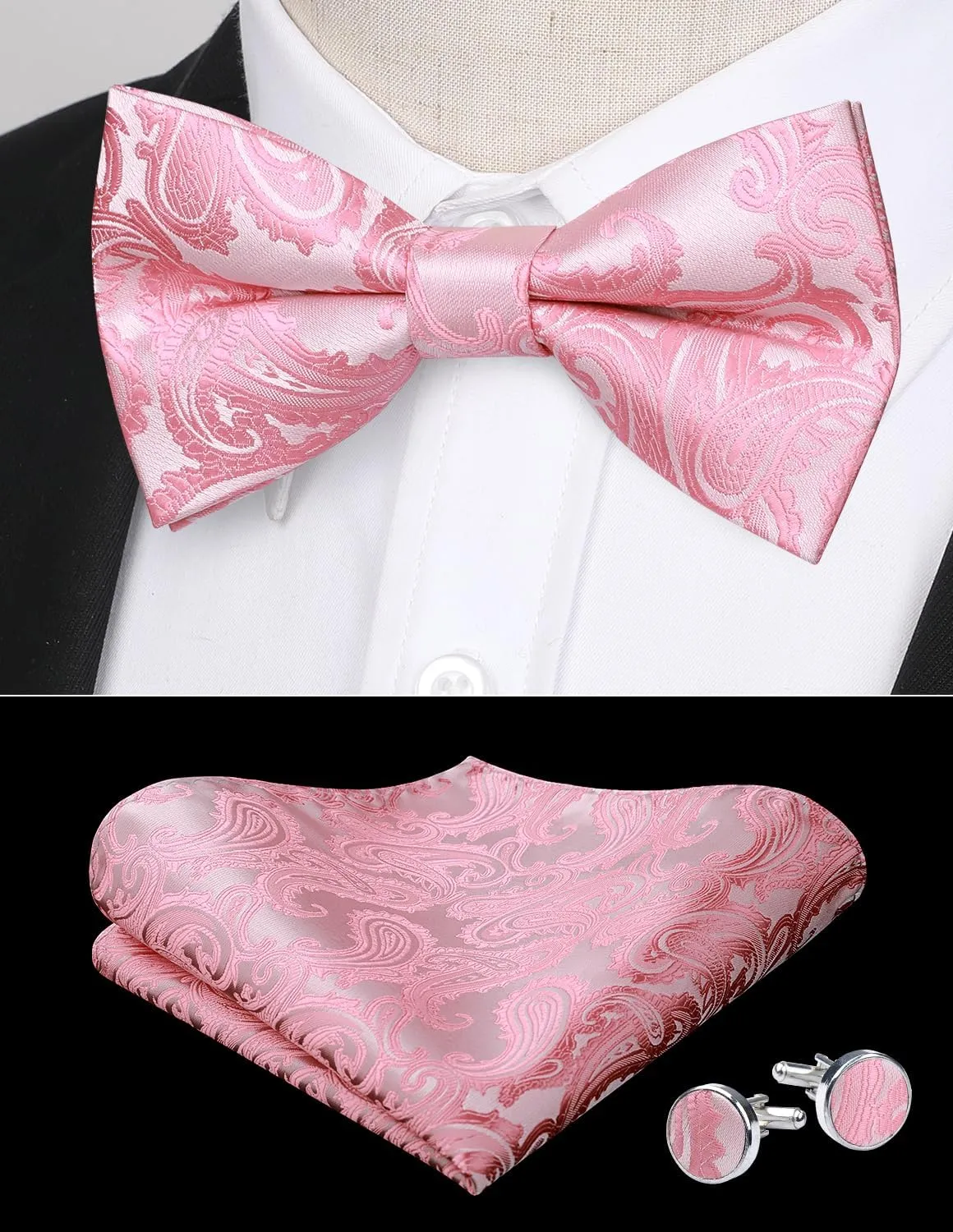 HISDERN Bow Ties for Men Pre-Tied Bow Tie Floral Paisley Handkerchief Classic Formal Bowtie and Pocket Square Cufflinks Set