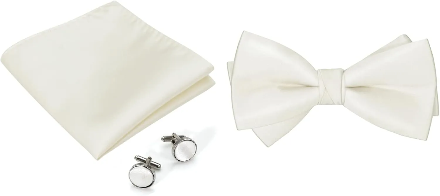 HOULIFE Bow Ties for Men Formal Satin Bowties Pre-tied Style Classic Tuxedo Bowtie Handkerchiefs Cufflinks Sets for Wedding